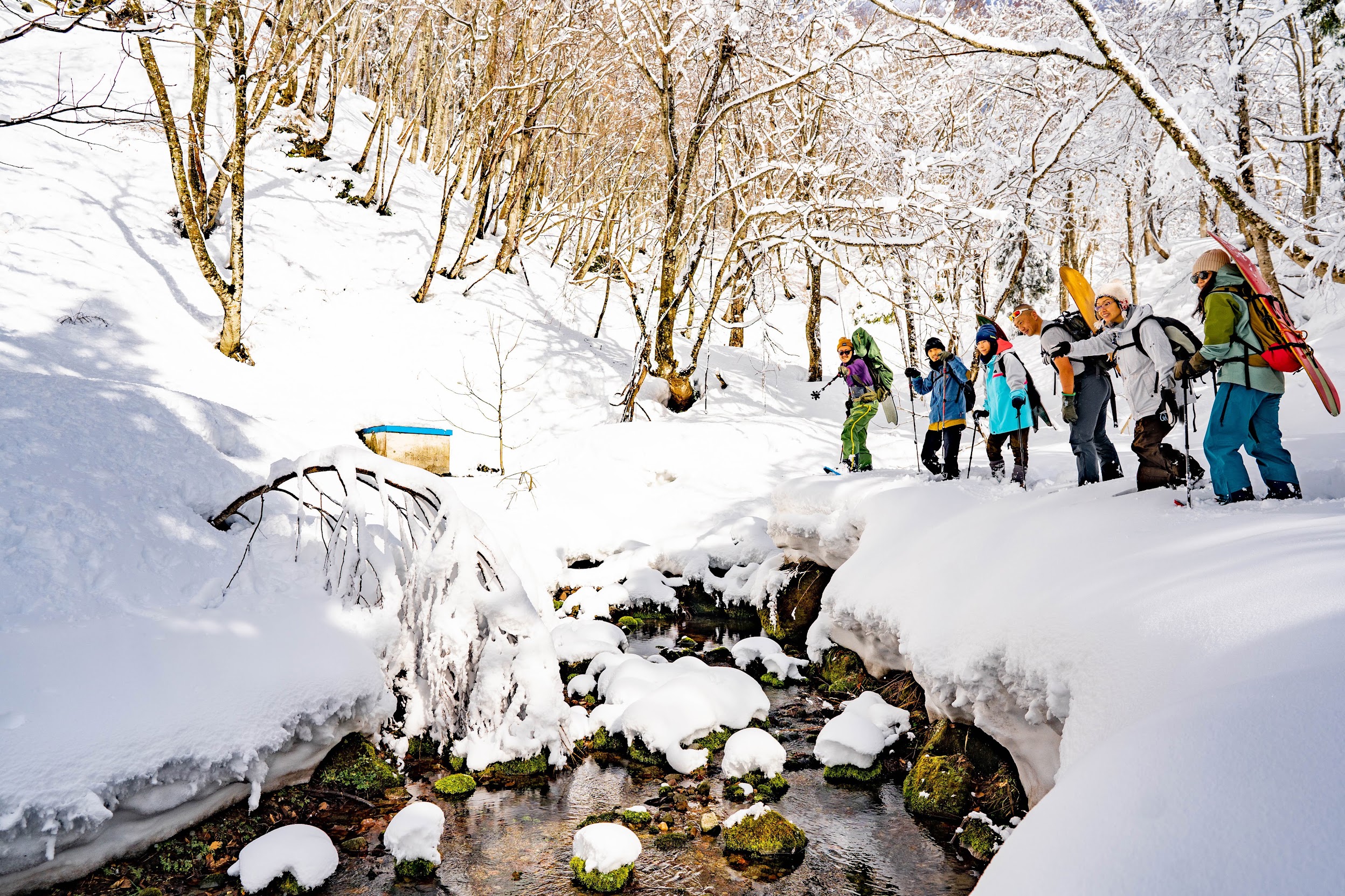 雪の森を沢沿いに歩くグループ