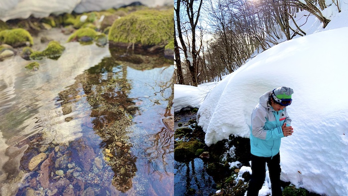 大山の湧き水と、雪の中で湧き水に手を合わせる桐村里紗